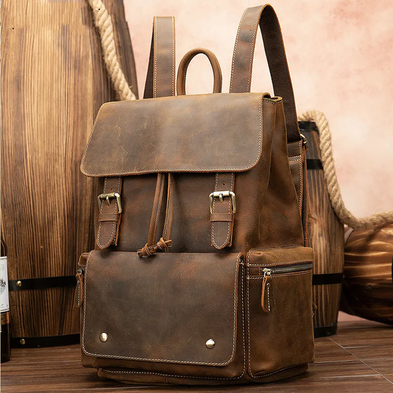 

School Multi-function Backpack Laptop Bags Travel With Rope Daypack For Document Male Genuine Leather Backpack For Men