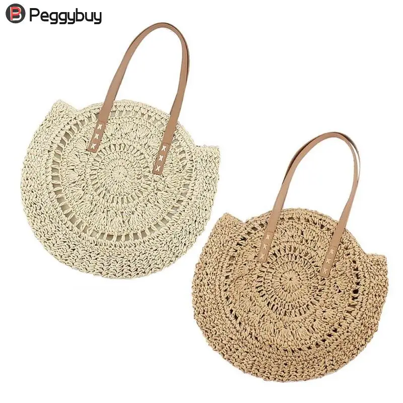 

Round Woven Hollowed OUt Handbags Women Totes Summer Beach Knitted Top-handle Bags