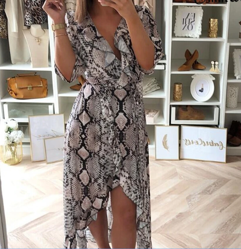 

Snake Skin Print Dress Ruffle Neck Spilt Club Party Dress Women Three Quarter Sleeve A Line Dresses Vestidos Female Sundress