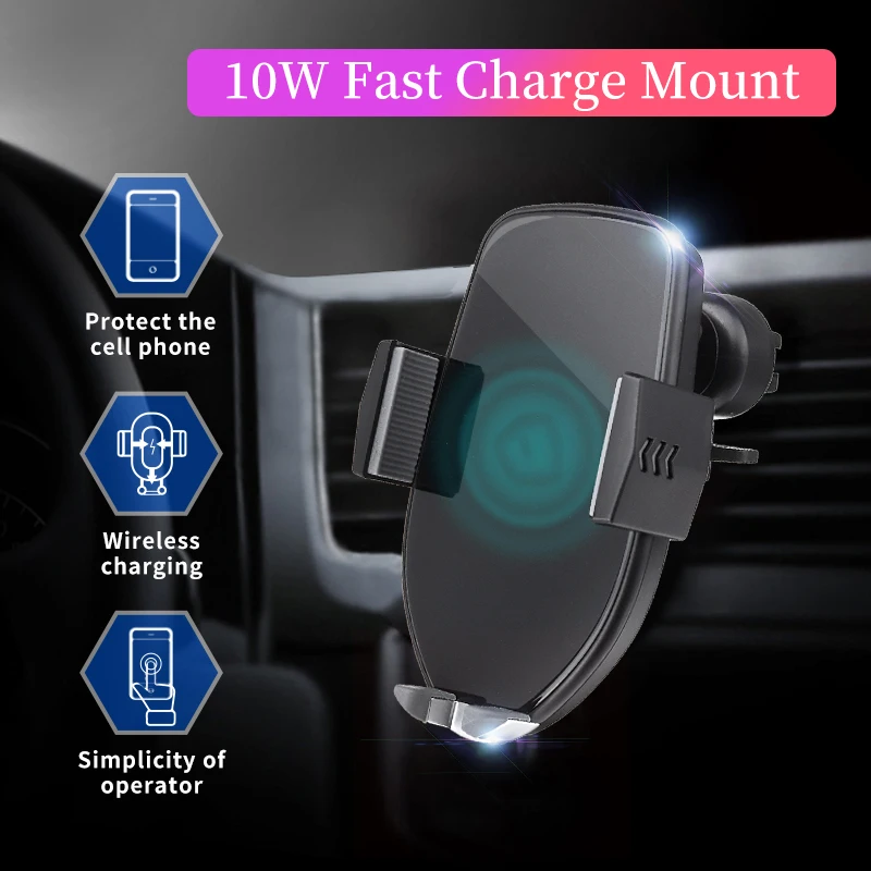 10W Automatic Clamping Wireless Car Charger Mount Black Fast Car Wireless Charger Holder Stand For iPhone 8/X, For Samsung S7/S8