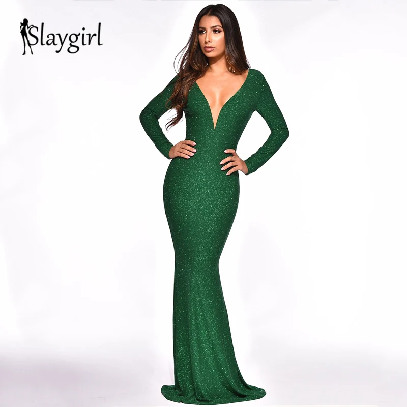 Женское платье макси с открытой спиной Slaygirl зеленое вечернее в пол длинным