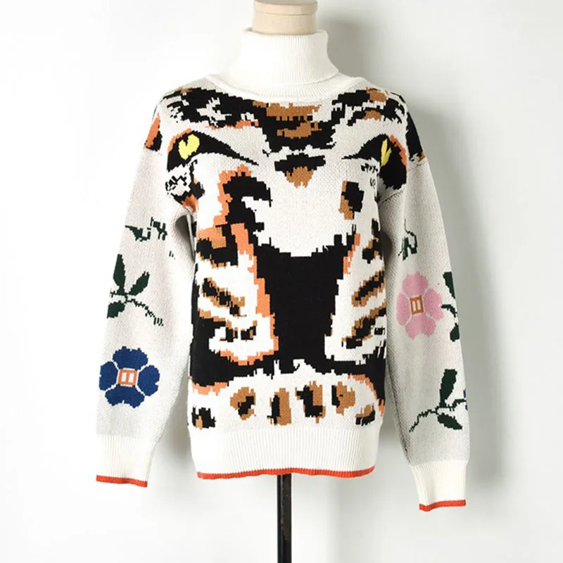 Runway Turtleneck Sweater Women Pullover Spring Tiger Head Flower Jacquard Long Sleeve Knitted Elegant Jumper | Женская одежда