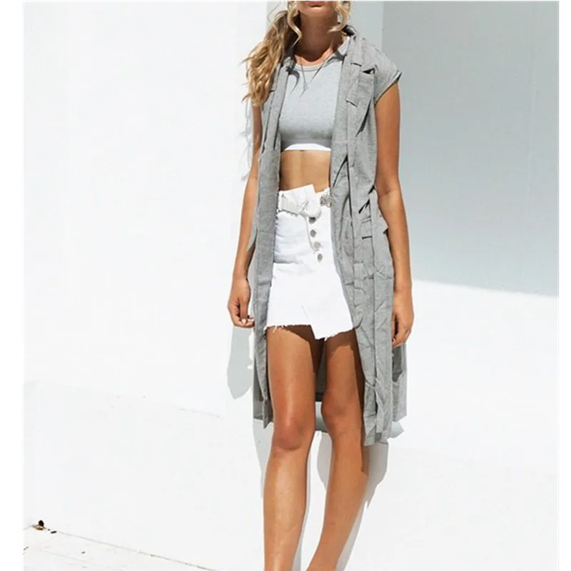 

Spring Elegant Office Ladies Vests Coat Women Solid Sleeveless Casual Vest Business Long Trench Coat Feminina