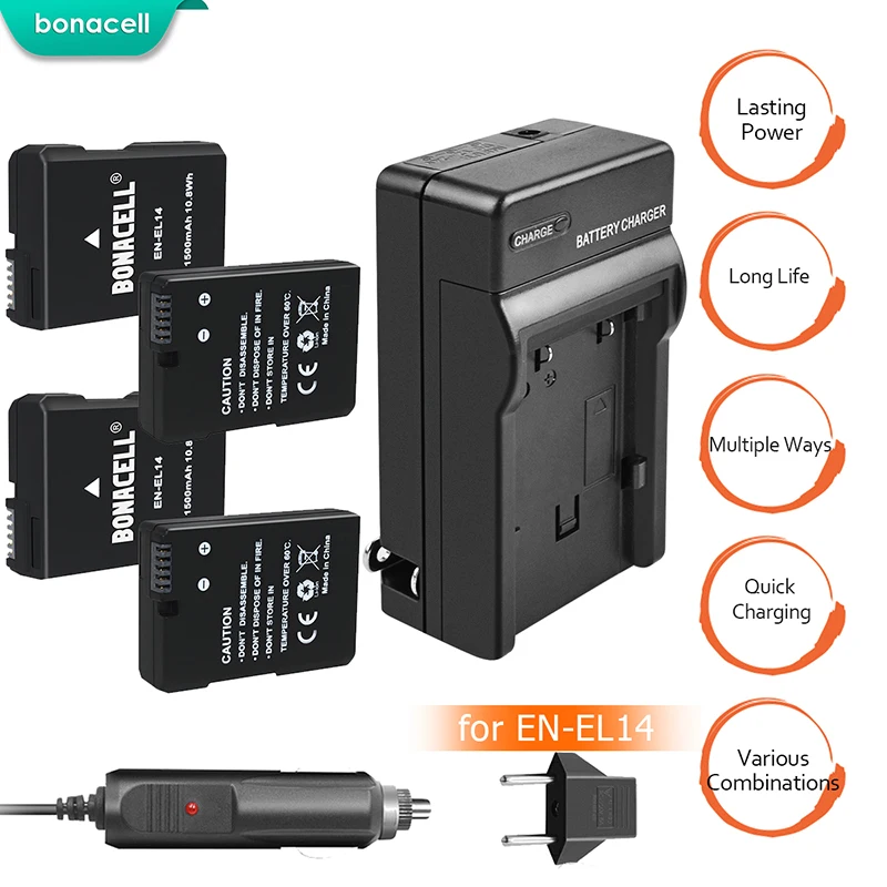 

BATTOOL 4pcs 7.2V 1500mAh EN-EL14 EN EL14 Battery D3100 D3200 D3300 D5100 D5200 D5300 P7000 P7100 P7700 P7800 for Nikon