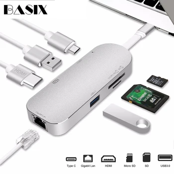 

Basix Type C USB C Hub 7 in 1 USB 3.1 Type C to HDMI USB 3.0 RJ45 SD/TF Card Reader PD Charging Adapter Converter for Mac