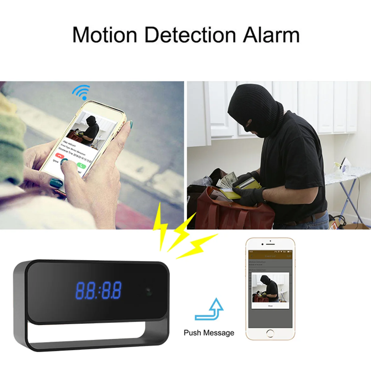 

SOONHUA WiFi Digital Clock Camera Wide Angle IP Camcorder P2P DVR Alarm Set Motion Detection Cameras Night Vision