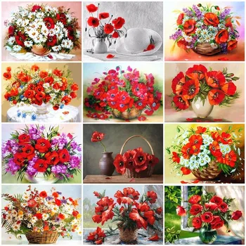 

AZQSD Full Round Drill Diamond Mosaic Flower Diamond Painting Red Floral Cross Stitch Wall Art Needlework Handmade Home Decor