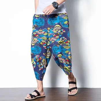 

#4561 Spring Summer Casual Vintage Japanese Pants Plus Size Elastic Waist Linen Harem Pants Men Elastic Waist Floral Print 5XL