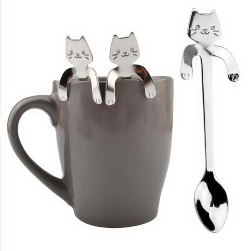

New Coffee Spoons Stainless Steel TeaSpoon with Cat Long Handle Soup/Honey Spoons Dinnerware Drinkware Tea Coffee Tools