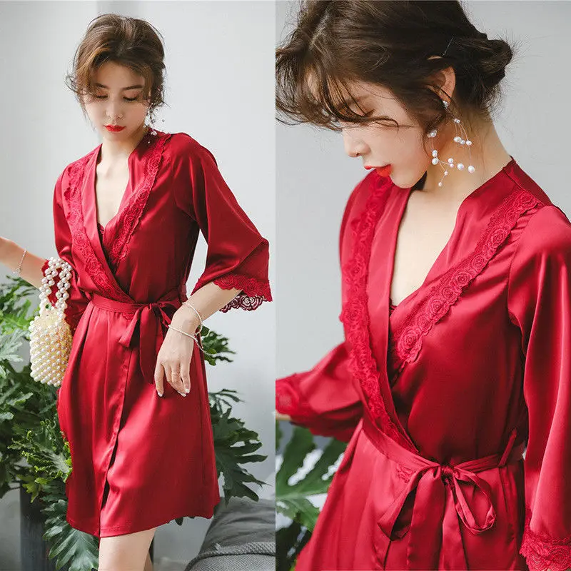 

Sexy Lingerie Women Ladies Silk Lace Robe Babydoll Nightdress Sleepwear Kimono Pajama Sets Pink Red Silver