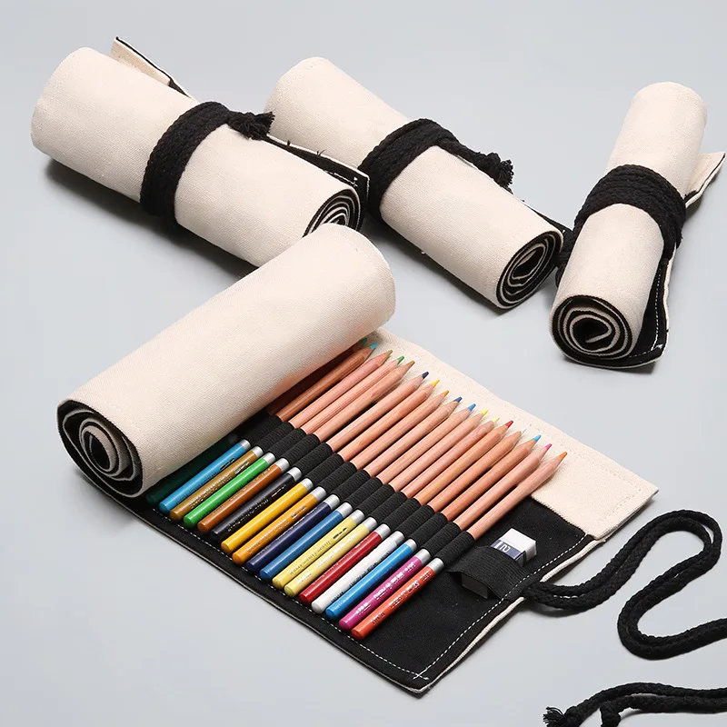 

Canvas School Pencil Box Case 12/24/36/48/72 Holes Roll Pencilcase Large Cute Solid Pure White Girl Boy Pen Bag Stationery Pouch