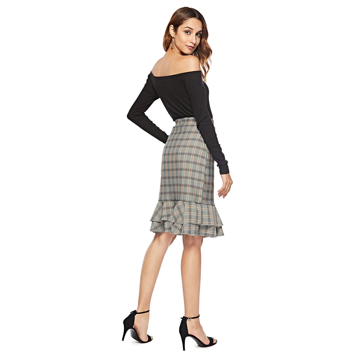 Autumn And Winter New Large Size Women's Stretch High Waist Plaid Ruffled Slim Slimming Skirt