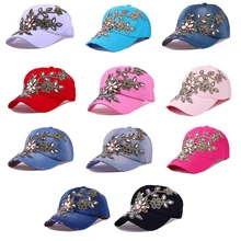 Женские кепки, высокое качество, стразы, бейсболки, вышивка, цветок, деним, Снэпбэк Шапки, джинсы для женщин, ковбойская летняя шляпа от солнца