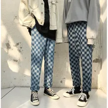 Мужские и женские модные повседневные джинсовые брюки, длинные прямые джинсы в клетку
