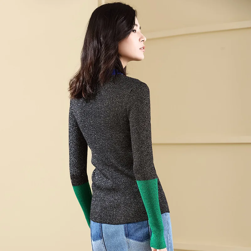 2018 Autumn and Winter sweater woman knitting pullover long sleeve spelling color fashion rendering sweater woman winter 18101 2018 Autumn and Winter sweater woman knitting pullover long sleeve spelling color fashion rendering sweater woman winter 18101