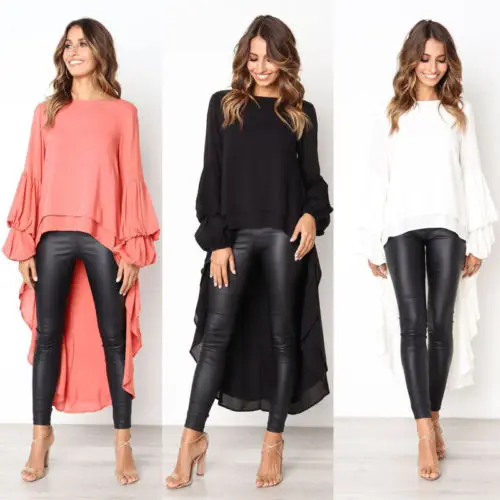 

Womens Casual Puff Sleeve Baggy Asymmetric Chiffon Long Tops Ladies Shirt