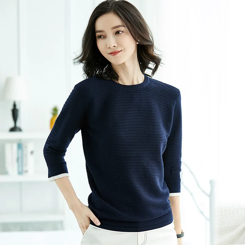 Suvance Autumn Winter Fashion Knitted O Neck Half Sleeve Sweater Casual Navy Blue Color Slim Women Pullover | Женская одежда