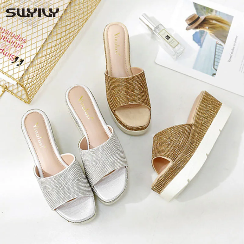 

SWYIVY Women Slippers Platform 2019 Shoes Casual Female Rhinestone Summer Shoes Slippers Wedge Gold/sliver Slides Platform 34