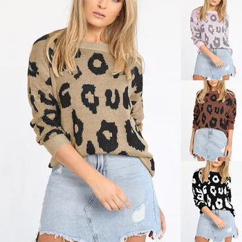 

Leopard Autumn Winter Women Sweaters And Pullovers Korean Style Long Sleeve Casual Sweater Slim Solid Knitted Tops Black Grey