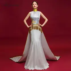Модные белые платья Вышивка Длинные Cheongsam Китай Русалка Тонкий платье Qi Pao для женщин Китайский вечернее китайское платье-Ципао Orientale