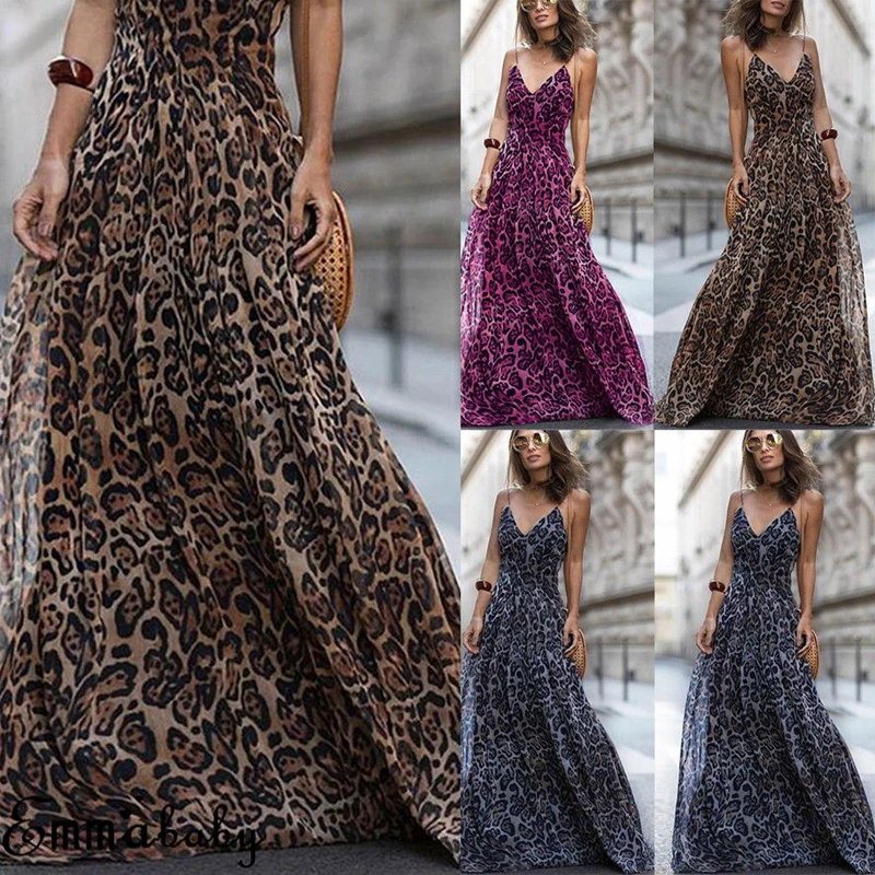 Women Leopard Print Strappy Sleeveless Maxi Long Dress Ladies Party V Neck Sexy Dress