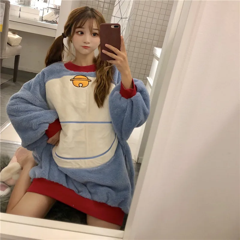 Kawaii осень зима ulzzang Корейская женская одежда с рисунком кота Харадзюку большие фланелевые платья с длинным рукавом