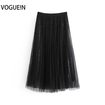 

VOGUEIN New Womens High Waist Elastic Black/Grey Pleated Mesh Sequined Midi Skirt Wholesale