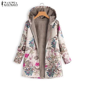 

2020 ZANZEA Women Hoodeis Plush Fluffy Coats Autumn Warm Coat Winter Loose Overcoat Floral Printed Long Sleeve Faux Fur Jackets