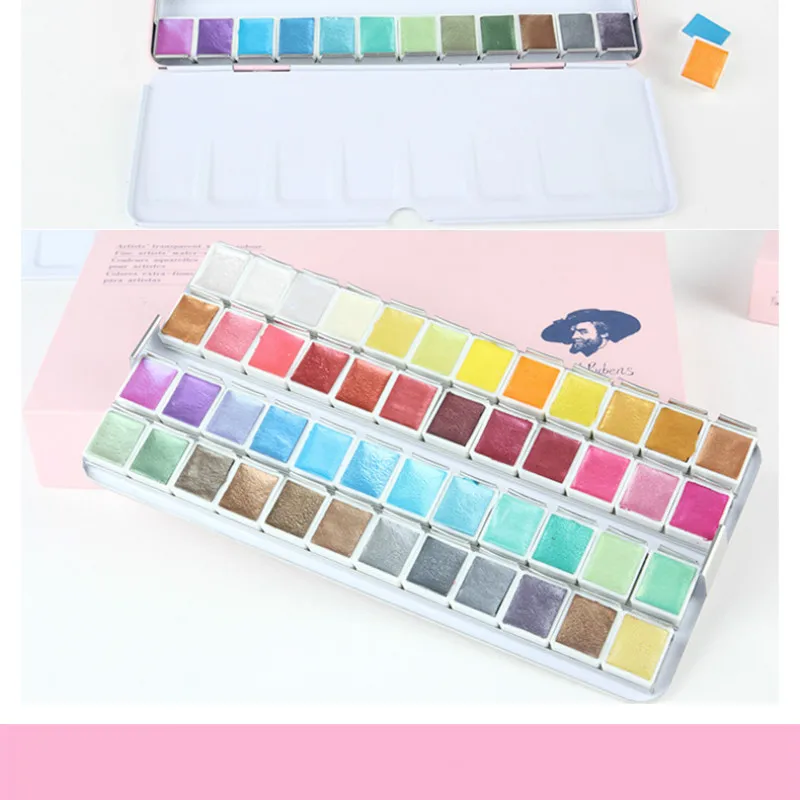 

Rubens12/24/48 Metal glitter watercolor paint solid colors artist watercolor paintings pink portable metal box with pallet