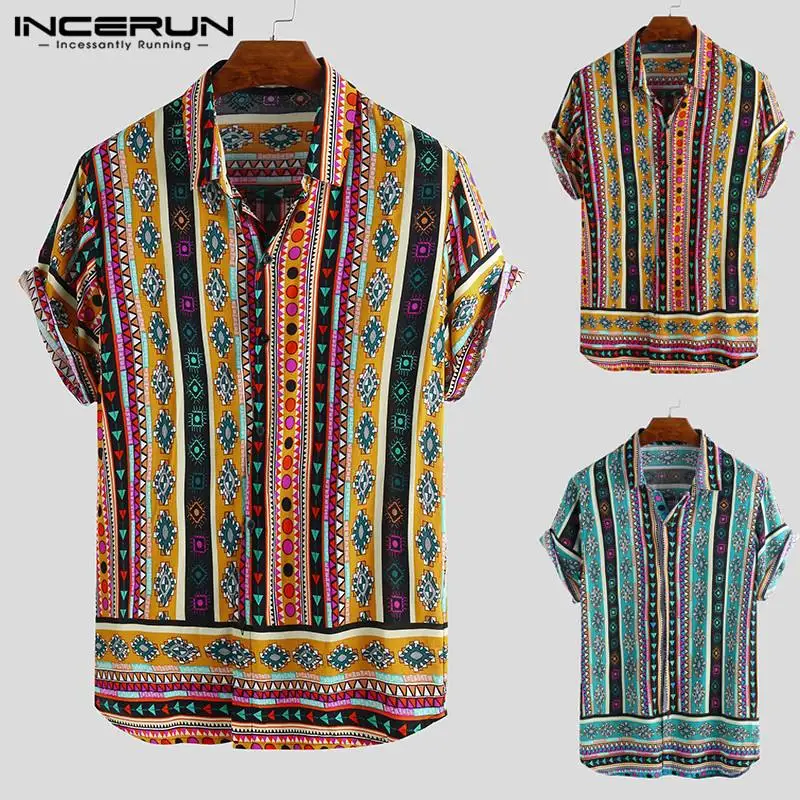 

INCERUN Ethnic Style Printed Men Shirt Short Sleeve Lapel Neck Loose Streetwear Casual Tops 2019 Tropical Hawaiian Shirt Men 5XL