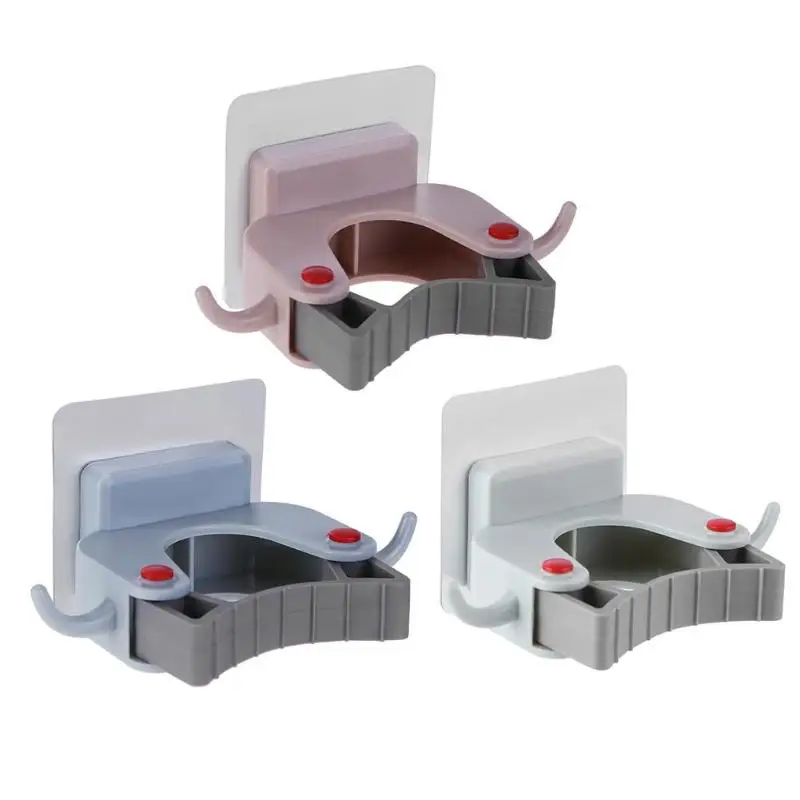 

Kitchen Sticky Wall Mop Broom Storage Holder Rack Home Organizer Brush Organization Fixed Clip With 2 Hooks Mounted Cleaner Tool