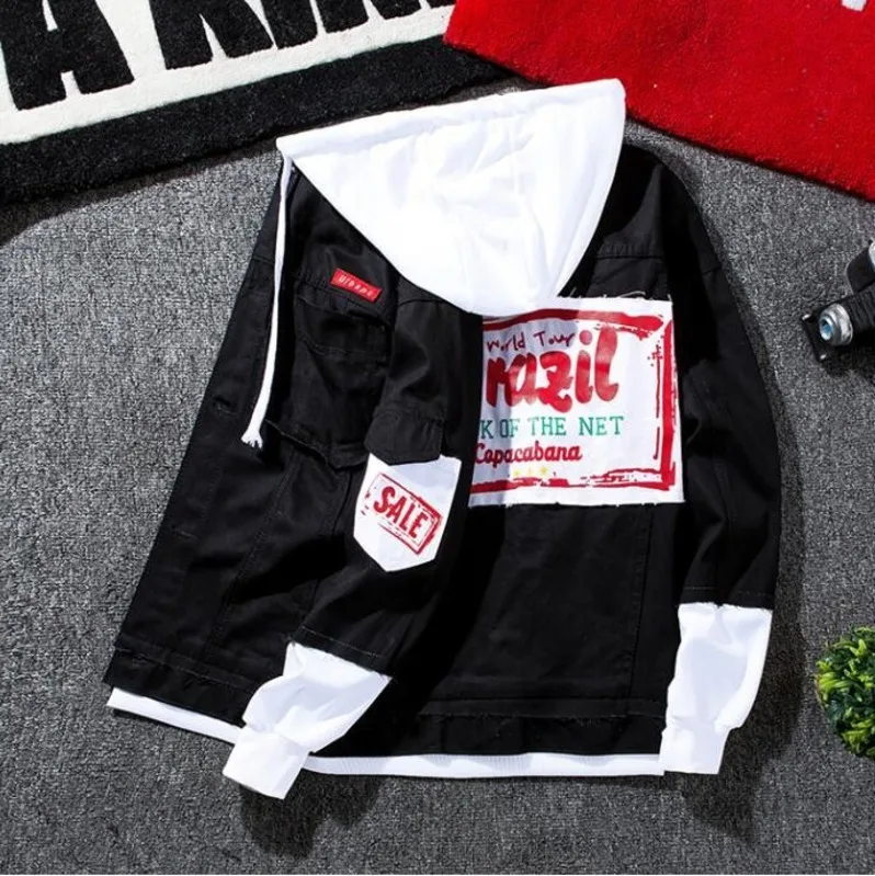 

#7413 Spring 2019 Hip Hop Mens Denim Jacket Hooded Homme Patchwork Letter Print Slim Ripped Black Jeans Jacket Men Streetwear