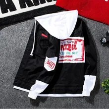 #7413 Spring 2019 Hip Hop Mens Denim Jacket Hooded Homme Patchwork Letter Print Slim Ripped Black Jeans Jacket Men Streetwear #7413 Spring 2019 Hip Hop Mens Denim Jacket Hooded Homme Patchwork Letter Print Slim Ripped Black Jeans Jacket Men Streetwear