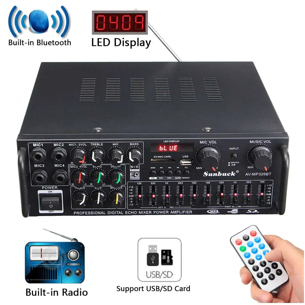 

220V 1200W Digital Amplifier HIFI Bluetooth Stereo Audio AMP USB SD FM Car Home