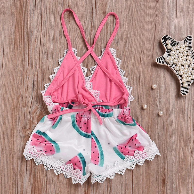 الصيف الوليد طفل طفلة الأطفال الدانتيل رومبير البطيخ طباعة بذلة أكمام الدانتيل يصل Playsuit فاتنة فتاة الملابس