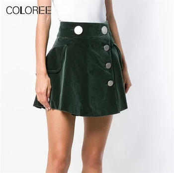 

Autumn Winter Women's High Waist Velvet Skirt 2019 Vintage Buttons A-line Mini Skirts Womens Black/Army Green