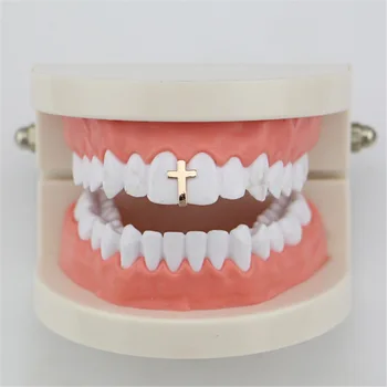 

Single cross tooth braces Gold Color Hip Hop Single Tooth Cap Top & Bottom Grill for Jewelry Gifts Bling Custom Teeth