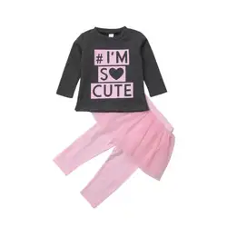I am so cute/комплект осенней одежды для маленьких девочек, топ с длинными рукавами, свитшот с надписью Nothing, фатиновая юбка-пачка, леггинсы
