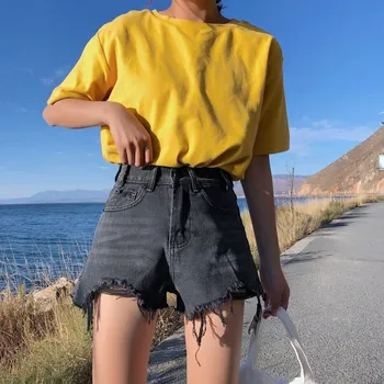 

2019 Fashion Women Summer Hole Mini Shorts High Waist Tassel Denim Shorts Loose Solid Pockets Casual Shorts