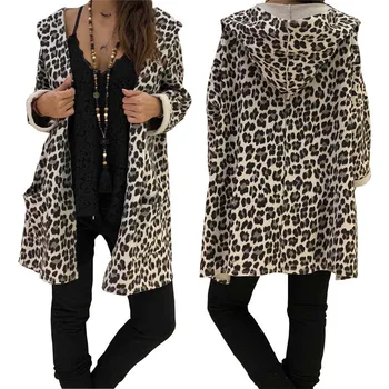 

Trendy Women clothes long sleeve Lady Leopard print Hooded Coat pocket Cardigan Loose Polyester Trench one pieces