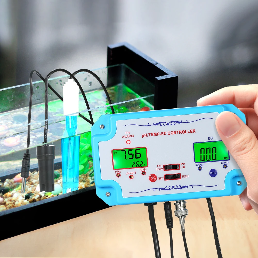 

Professional 3 in 1 PH/EC/TEMP Water Quality Detector pH Controller Repleaceable Electrode BNC Type Probe Water Quality Tester