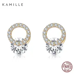 Kamille 925 пробы Silver CZ Stud Earrings для Для женщин Симпатичные 14 K золото Сияющий циркон серьги для свадьбы, помолвки Fine Jewelry