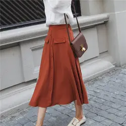 Smart casual весенние летние юбки женские 2019 до середины икры Длина корейский на элегантных кнопках Высокая талия юбка женская плиссированная