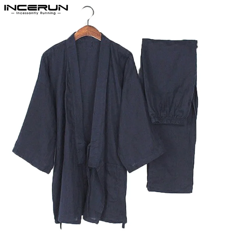 INCERUN Japanese Style Cotton Men Kimono Set Pajamas Set Homewear Tops Pants Solid Kung Fu Sleepwear Vintage Men Clothes L-5XL INCERUN Japanese Style Cotton Men Kimono Set Pajamas Set Homewear Tops Pants Solid Kung Fu Sleepwear Vintage Men Clothes L-5XL
