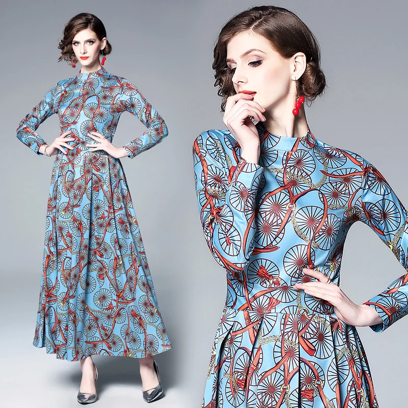 

2019 quality Woman Vintage Floral Printed Dress Spring New Female Maxi Party Dress casual Runway Dress