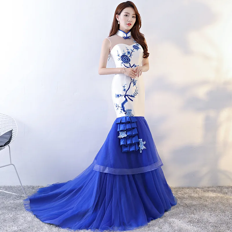 Китайский стиль вечернее платье без рукавов Cheongsam синий белый традиционные