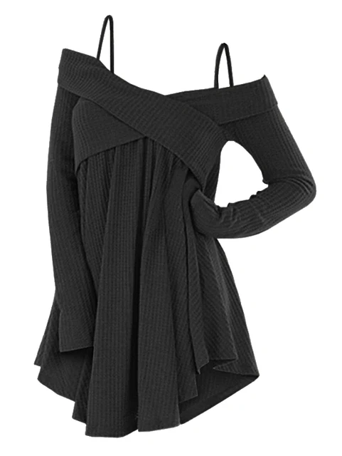 Wipalo Plus Size Cold Shoulder Crisscross Tunic Sweater Casual Women Tops Pullover Solid Loose Fall Sweaters Jumpers Pull Femme 2