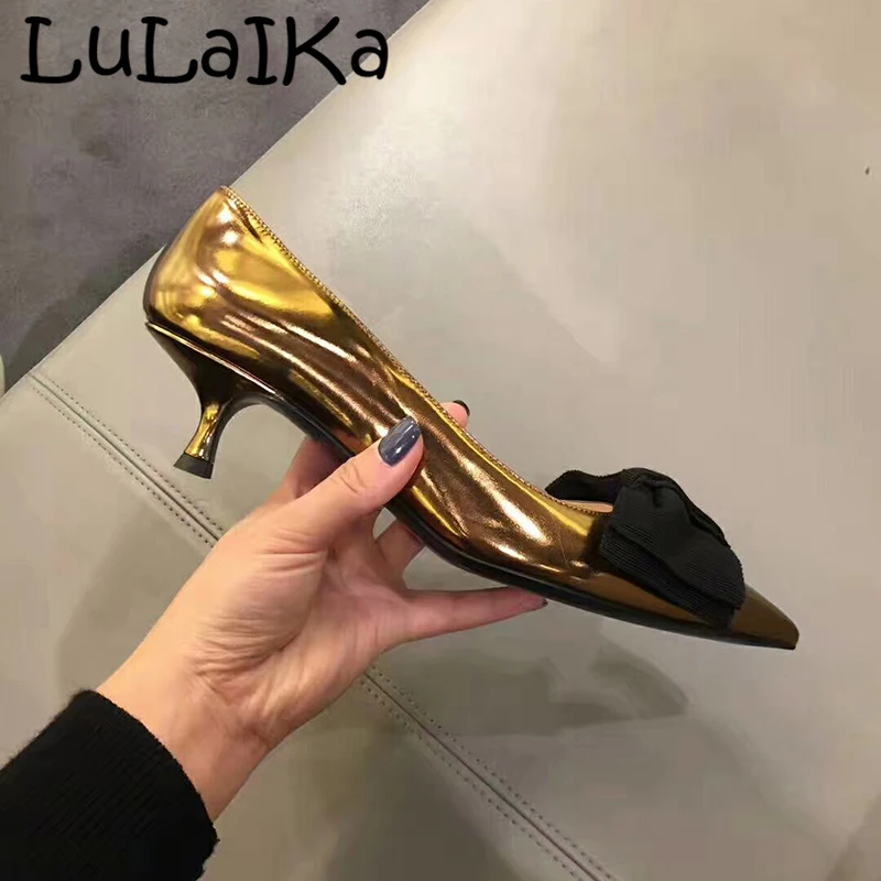 

2019 Fashion New Gold Color Shining Lady Pumps Sexy Patent leather Bow Pointed Toe Thin Heel Woman Party Wedding High Heel Shoes