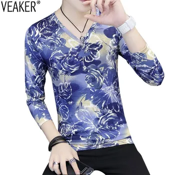 

2019 New Men's Slim Fit Flower Printed T Shirts Male V Neck Long Sleeve Floral Printed T Shirt Tops M-3XL