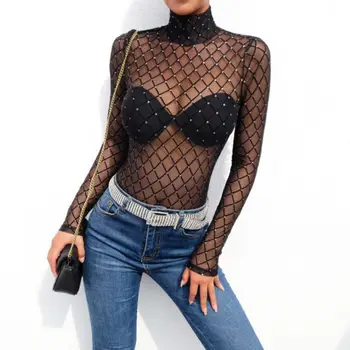 

Women New Black Sheer Mesh Lace Jumpsuit Long Sleeve Top Turtleneck Bodysuit US